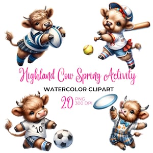 Clipart de jogos de verão de vaca das montanhas em aquarela, clipart de beisebol, vaca das montanhas do bebê png, clipart de softball, clipart de berçário, primavera PNG