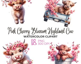 Watercolor spring  Highland Cow Clipart: Pink Cherry Blossom PNG (Commercial Use
