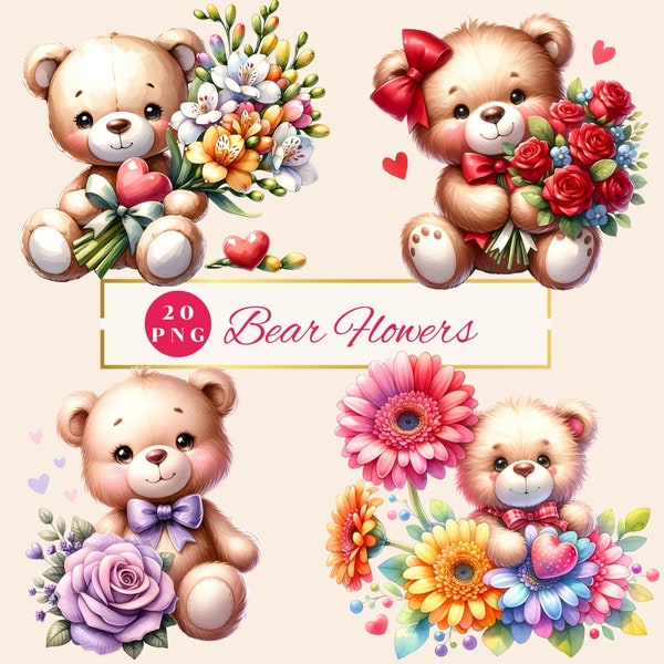 Watercolor Teddy bear flowers clipart, teddy bear PNG, spring flowers clipart, Mother’s Day flowers clipart, carnation, red rose, lilies PNG