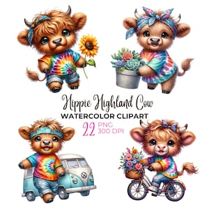 Acuarela hippie highland cow clipart, baby highland cow PNG, imágenes prediseñadas de verano, boho highland cow PNG, boho clipart, uso comercial