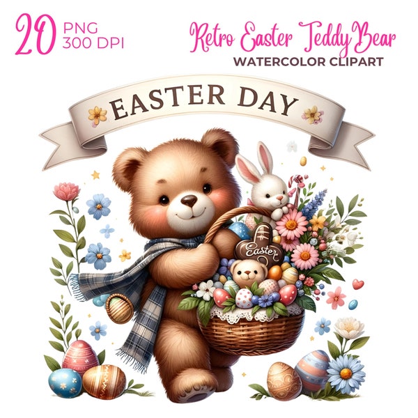 Watercolor retro Easter teddy bear clipart, Easter PNG, Easter basket Clipart, nursery decor, Easter eggs, spring flowers Clipart, bear png