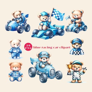 Blauwe raceauto clipart, racewagen clipart, blauwe beer clipart, blauwe babyshower, png transparant, kinderkamer clipart, aquarel blauwe beer
