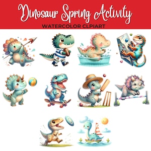 May include: Watercolor clipart featuring cute cartoon dinosaurs engaging in various spring activities, including playing baseball, swimming, skateboarding, playing cricket, jumping over a hurdle, and playing frisbee.