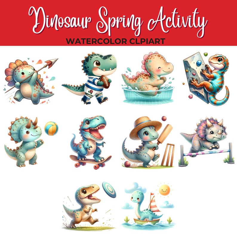 May include: Watercolor clipart featuring cute cartoon dinosaurs engaging in various spring activities, including playing baseball, swimming, skateboarding, playing cricket, jumping over a hurdle, and playing frisbee.