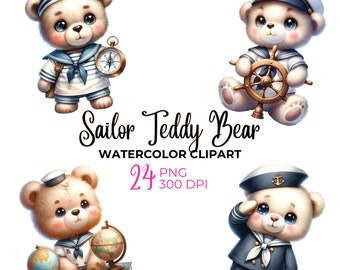 Watercolor Sailor Teddy Bear Clipart: Nautical Nursery PNG (Digital Download)