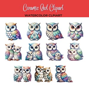 May include: A set of 12 watercolor owl illustrations. The owls are depicted in various poses, including a pair of owls with their owlets. The owls are painted in a variety of colors, including blue, green, purple, and pink. The illustrations are perfect for use in crafting projects, scrapbooking, or digital design.