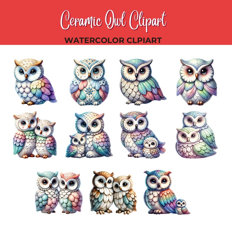 May include: A set of 12 watercolor owl illustrations. The owls are depicted in various poses, including a pair of owls with their owlets. The owls are painted in a variety of colors, including blue, green, purple, and pink. The illustrations are perfect for use in crafting projects, scrapbooking, or digital design.