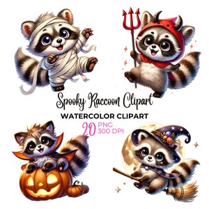 Aquarelle effrayante Halloween raton laveur clipart, Halloween mignon raton laveur PNG, clipart effrayant, clipart citrouille d'Halloween, usage commercial
