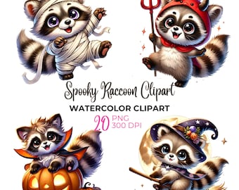 Watercolor spooky Halloween raccoon clipart, Halloween cute raccoon PNG, spooky clipart, jack-o-lantern clipart, commercial use