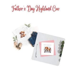 May include: A Father's Day card featuring a Highland cow and calf sitting on a couch. The card is pink with a white border and the text "Happy Father's Day" is printed on the front.