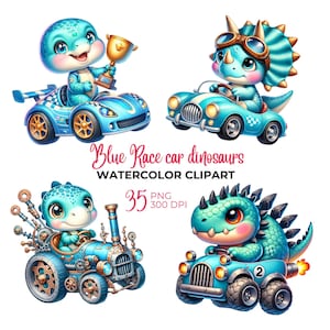 Aquarel blauwe raceauto dinosaurus clipart, babydinosaurus png, babyshower, schattige dier, blauwe raceauto, kinderkamer clipart, commercieel gebruik