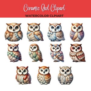 May include: Twelve watercolor illustrations of ceramic owls with intricate patterns and colors. The owls are in various poses, with some looking forward and others looking to the side. The owls are all in a white background.