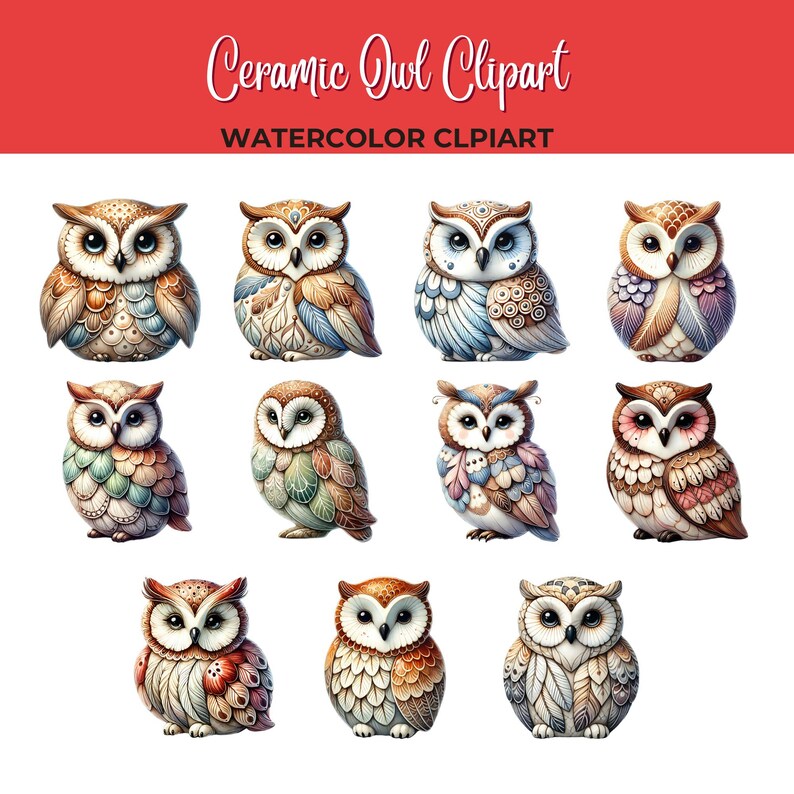 May include: Twelve watercolor illustrations of ceramic owls with intricate patterns and colors. The owls are in various poses, with some looking forward and others looking to the side. The owls are all in a white background.