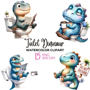 Aquarel wc dinosaurus clipart, krant dinosaurus clipart, dinosaurus png, grappige dino-clipart, badkamerinrichting, commercieel gebruik