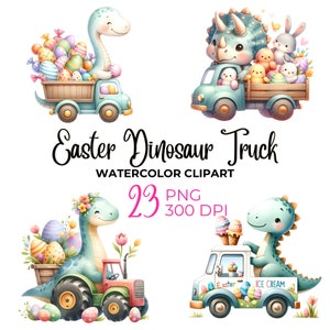 Clipart de dinossauro de Páscoa em aquarela, Páscoa PNG, construção de dinossauro PNG, clipart de berçário, ovos de Páscoa, coelho da Páscoa, uso comercial