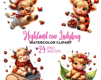 Watercolor Ladybug Highland Cow Clipart: 24 PNGs (Commercial Use)