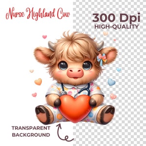 May include: A cute cartoon Highland cow dressed as a nurse, holding a red heart. The cow is wearing a white and pink polka dot shirt with a stethoscope around its neck. The background is transparent.