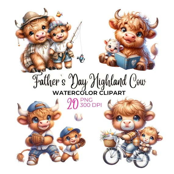 Watercolor Highland Cow Father's Day Clipart: Dad & Baby PNG (Commercial Use) (PDF File Included)