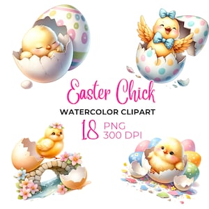 Imágenes prediseñadas de pollitos de Pascua en acuarela, imágenes prediseñadas de Pascua, decoración de guardería, pollitos de Pascua png, animales de Pascua, primavera de Pascua png, imágenes prediseñadas de huevos de Pascua