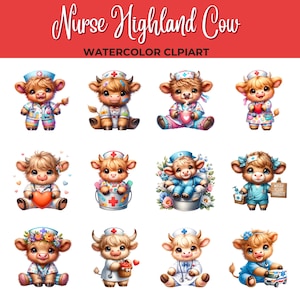 May include: Twelve watercolor illustrations of Highland cows dressed as nurses. Each cow is wearing a different outfit, including a blue scrub top, a pink dress, and a white coat. Some cows are holding medical supplies, such as a stethoscope, a thermometer, and a first aid kit. The cows are all smiling and have a friendly expression.
