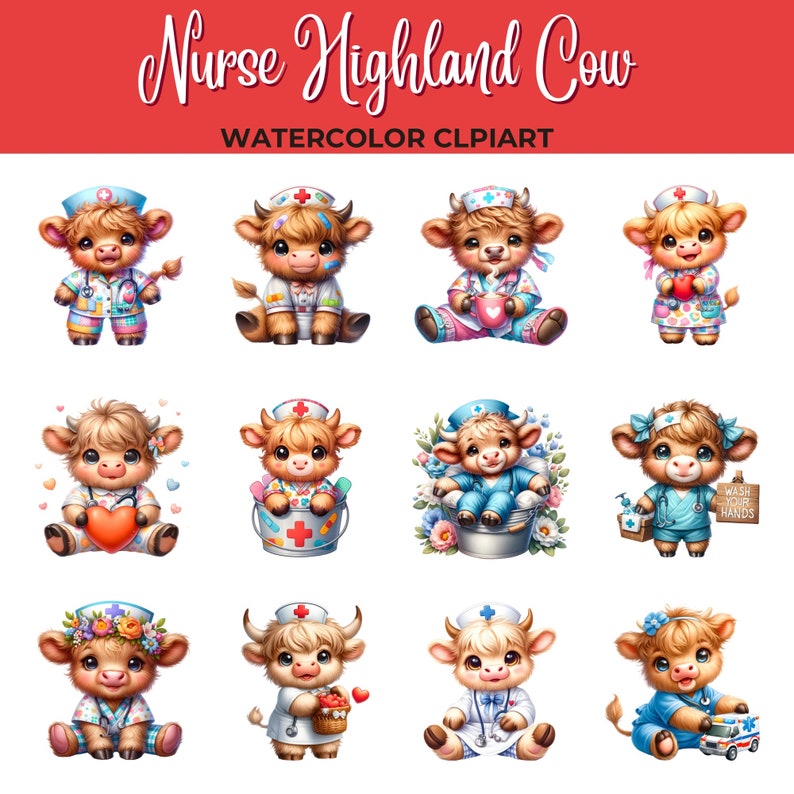 May include: Twelve watercolor illustrations of Highland cows dressed as nurses. Each cow is wearing a different outfit, including a blue scrub top, a pink dress, and a white coat. Some cows are holding medical supplies, such as a stethoscope, a thermometer, and a first aid kit. The cows are all smiling and have a friendly expression.