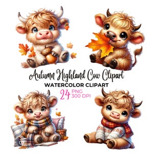 Clipart de vaca das montanhas de outono em aquarela, vaca das montanhas de outono fofa PNG, clipart de folhas de outono, chá de bebê, clipart de animal de outono, uso comercial
