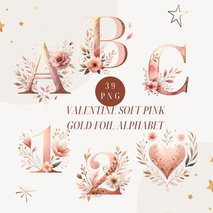 Alfabeto floral dorado rosa, clipart de letras florales, alfabeto de acuarela, alfabeto floral dorado, clipart de boda, uso comercial