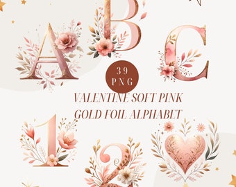 Clipart dell'alfabeto floreale in oro rosa: lettere acquerello (PNG)