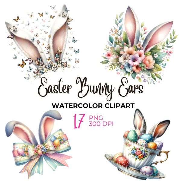 Watercolor Easter bunny ears clipart, Easter PNG, Easter bunny Clipart, Easter eggs, spring flowers Clipart, rabbit ears PNG