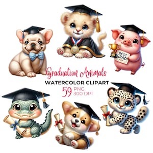Imágenes prediseñadas de animales de graduación en acuarela, animales lindos PNG, imágenes prediseñadas de animales bebés, imágenes prediseñadas de jardín de infantes, PNG de graduación linda, uso comercial