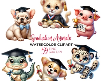Watercolor Graduation Animals Clipart: 59 PNG Designs (Digital Download)