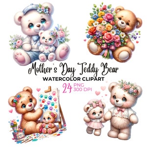 Aquarell Teddy Bär Clipart: Muttertag PNG, Kinderzimmer Kunst (digitaler Download)