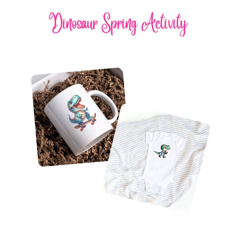 May include: A white mug with a cartoon dinosaur on a skateboard. The dinosaur is green and blue and has a toothy grin. The mug is sitting in a brown paper gift bag. A white onesie with a similar dinosaur design is also shown.