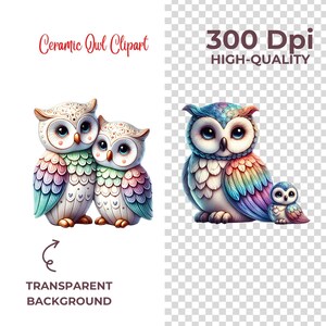 May include: Three ceramic owls with colorful, iridescent feathers. The owls are in a group, with the two larger owls facing each other and the smaller owl facing the viewer. The owls have white faces with black eyes and beaks.