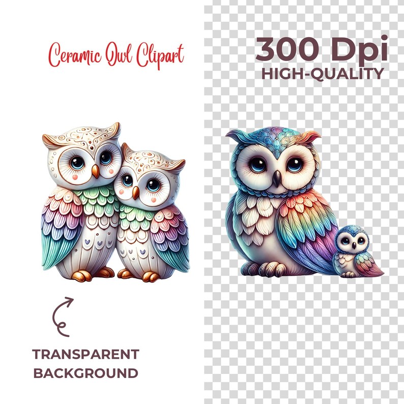 May include: Three ceramic owls with colorful, iridescent feathers. The owls are in a group, with the two larger owls facing each other and the smaller owl facing the viewer. The owls have white faces with black eyes and beaks.