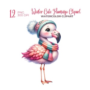 Watercolor winter cute flamingo clipart, Christmas PNG, winter animal, flamingo PNG, Santa flamingo, Christmas animal, commercial use