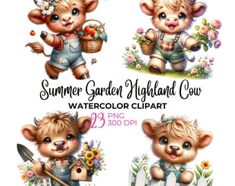 May include: Four digital illustrations of Highland cows in a summer garden setting. The cows are wearing overalls and are holding various garden items, such as a basket of tomatoes, a shovel, a birdhouse, and a basket of flowers. The illustrations are in a watercolor style and are perfect for use in digital scrapbooking, card making, or other craft projects.