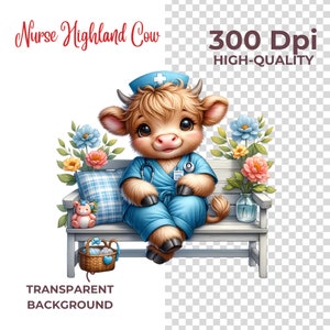 May include: A cartoon Highland cow dressed as a nurse sits on a white bench with a pink teddy bear and a basket of yarn. The cow is wearing a blue uniform with a stethoscope and a white cap with a red cross. The bench is surrounded by flowers.