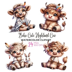 Aquarela boho linda vaca das terras altas Clipart, bebê vaca das terras altas PNG, vaca hippie das terras altas, vaca boho das terras altas PNG, clipart de berçário