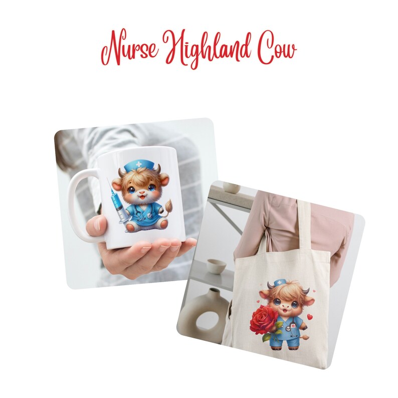 May include: A white ceramic mug and a white tote bag both feature a cartoon highland cow dressed as a nurse. The cow is wearing a blue uniform with a red cross and holding a syringe. The tote bag also features a red rose.