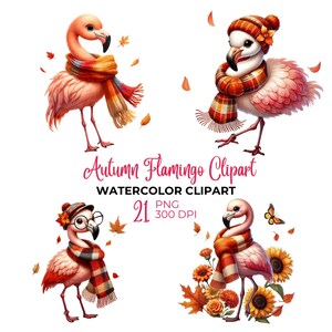 May include: Three watercolour illustrations of pink flamingos wearing autumn-themed scarves and hats. The flamingos are standing on a white background with autumn leaves and flowers.