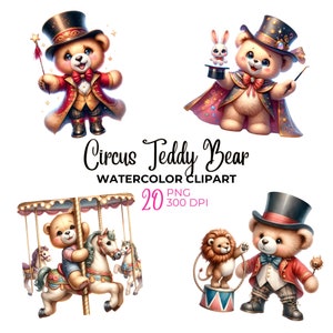 Aquarel circus teddybeer clipart, teddybeer PNG, circus png, schattige clown beer, kinderkamer clipart, carnaval, circusfeest, commercieel gebruik