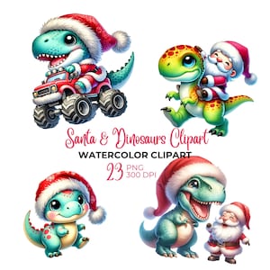 Clipart de dinossauro de Papai Noel em aquarela, PNG de dinossauro fofo de Natal, bebê dinossauro, dinossauro de inverno, bebê dinossauro, caminhão monstro, uso comercial