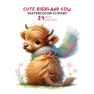 Clipart de vaca das Terras Altas em aquarela: conjunto de animais de fazenda PNG (uso comercial)