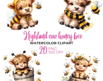 Watercolor honeybee Highland Cow Clipart: 20 PNGs (Commercial Use)