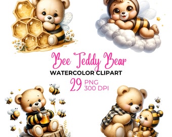 Watercolor Honeybee Teddy Bear Clipart: Nursery PNG (Commercial Use)