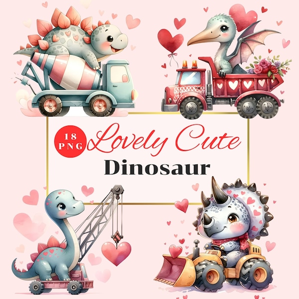 Watercolor Dinosaur Clipart, cute dinosaurs PNG, construction truck, dinosaur baby shower, nursery clipart, dinosaur construction clipart