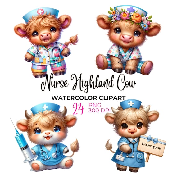 Watercolor Nurse Highland Cow Clipart: Baby Animal PNG (Commercial Use)