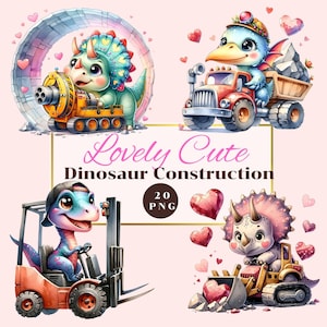 Acuarela San Valentín Dinosaurio Clipart, lindo dinosaurio PNG, camión de construcción de dinosaurios, Imágenes Prediseñadas del Día de San Valentín, baby shower de dinosaurios