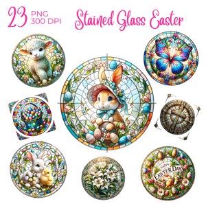 Vitral clipart de Páscoa, vitral redondo PNG, clipart de Páscoa, pintinhos de Páscoa, galinhas de Páscoa, ovos de Páscoa, cestas de páscoa